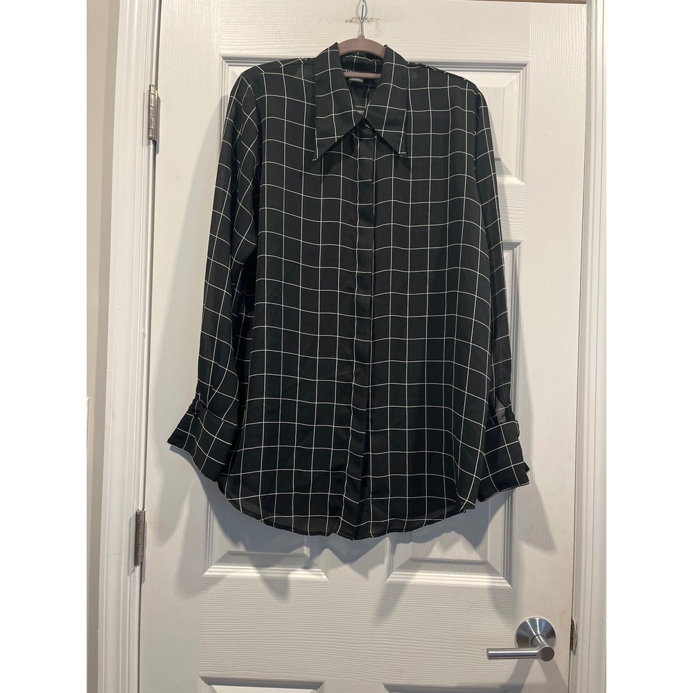 Metropolitan New York Black White Windowpane Grid Blouse Large French Cuff Top